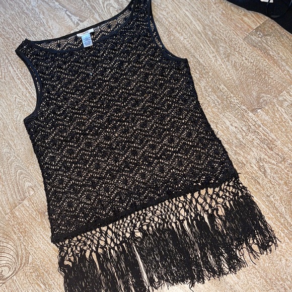 Cache Black Top Boho Fringe Crochet Tank Sequins - Picture 5 of 5